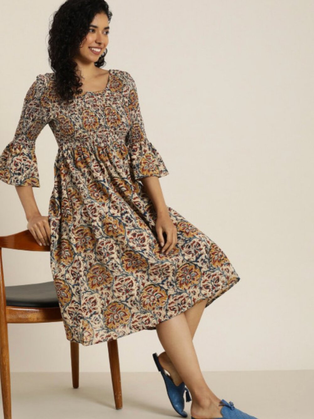 Taavi Floral Print Bell Sleeve Empire Kalamkari Dress Size Large